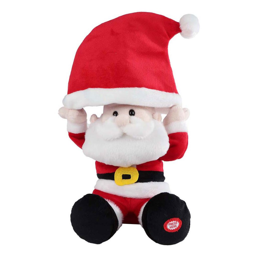 Pluche kerstman knuffel met opgetilde muts en lachend gezicht Take Me Home Dansende Kerstman met Kerstmuts en Muziek