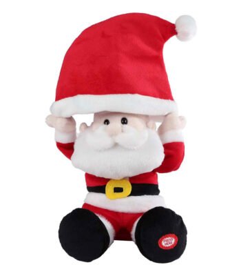 Pluche kerstman knuffel met opgetilde muts en lachend gezicht Take Me Home Dansende Kerstman met Kerstmuts en Muziek