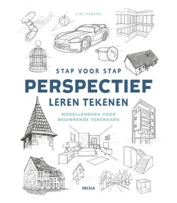 Omslag van Stap voor Stap Perspectief Leren Tekenen Hobbyboek voor met schetsen van gebouwen, voertuigen en interieurs