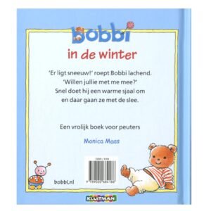 Achterkant van het kinderboek Bobbi in de winter met beschrijving en auteur