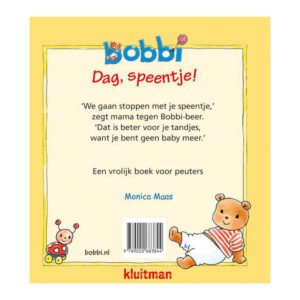 Bobbi-boek achterzijde met tekst over stoppen met speen, geschreven door Monica Maas