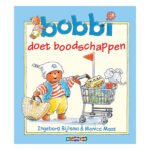 Voorzijde van het prentenboek ‘Bobbi doet boodschappen’ met Bobbi en winkelwagentje Bobbi doet boodschappen