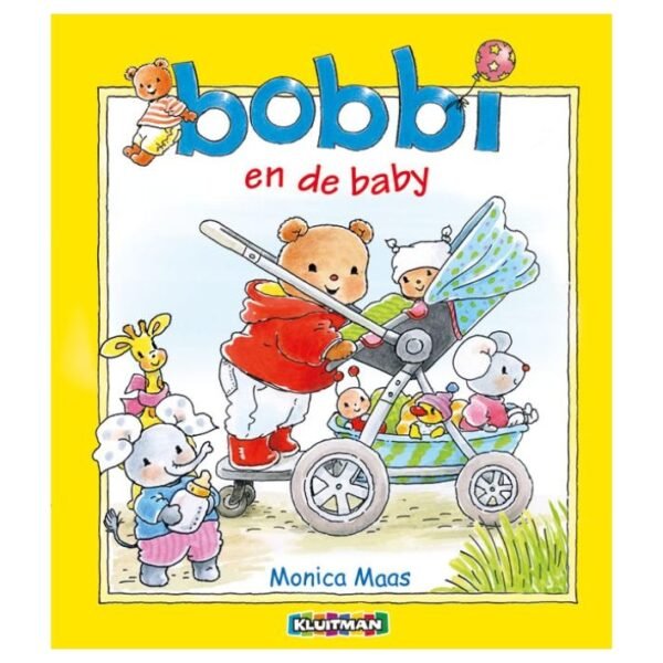 Voorkant van het kinderboek 'Bobbi en de baby' met Bobbi die een kinderwagen duwt, geïllustreerd door Monica Maas Bobbi en de baby