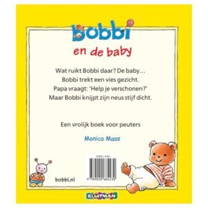 Achterkant van het prentenboek 'Bobbi en de baby' met korte samenvatting en illustratie van Bobbi de beer.
