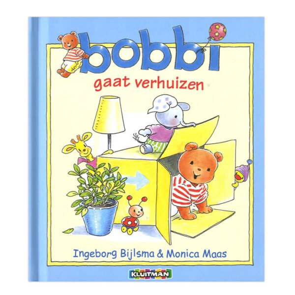 Voorzijde van het kinderboek Bobbi gaat verhuizen met Bobbi en zijn knuffels in een verhuisdoos Bobbi Gaat Verhuizen