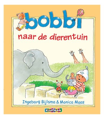 Voorzijde van het kinderboek 'Bobbi naar de dierentuin' met Bobbi, een olifant en giraffen in een kleurrijke dierentuinsetting. Bobbi naar de Dierentuin