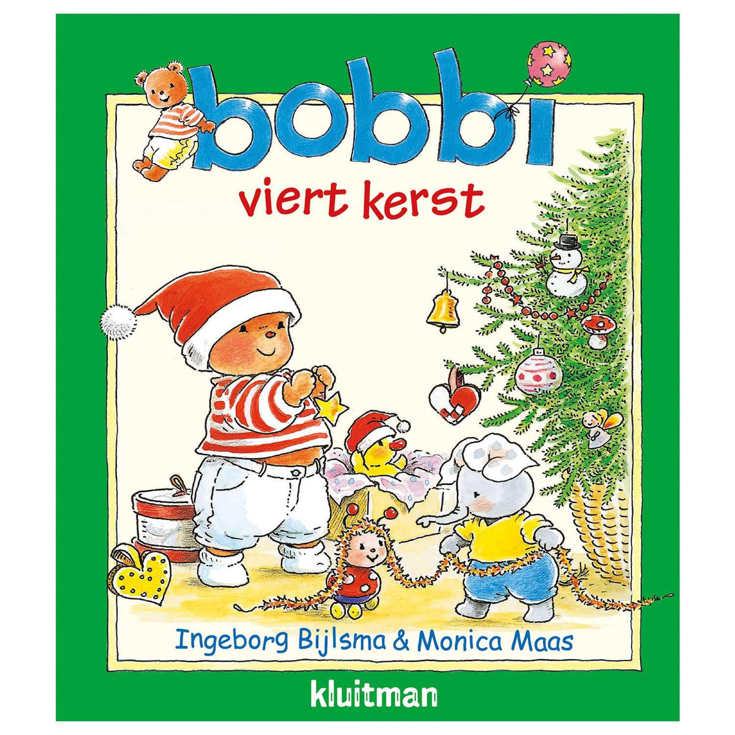 uitgeverij-kluitman-bobbi-viert-kerst-kinderboek-cover Omslag van het kinderboek 'Bobbi viert kerst' met Bobbi in kerstoutfit naast een versierde kerstboom Bobbi Viert Kerst