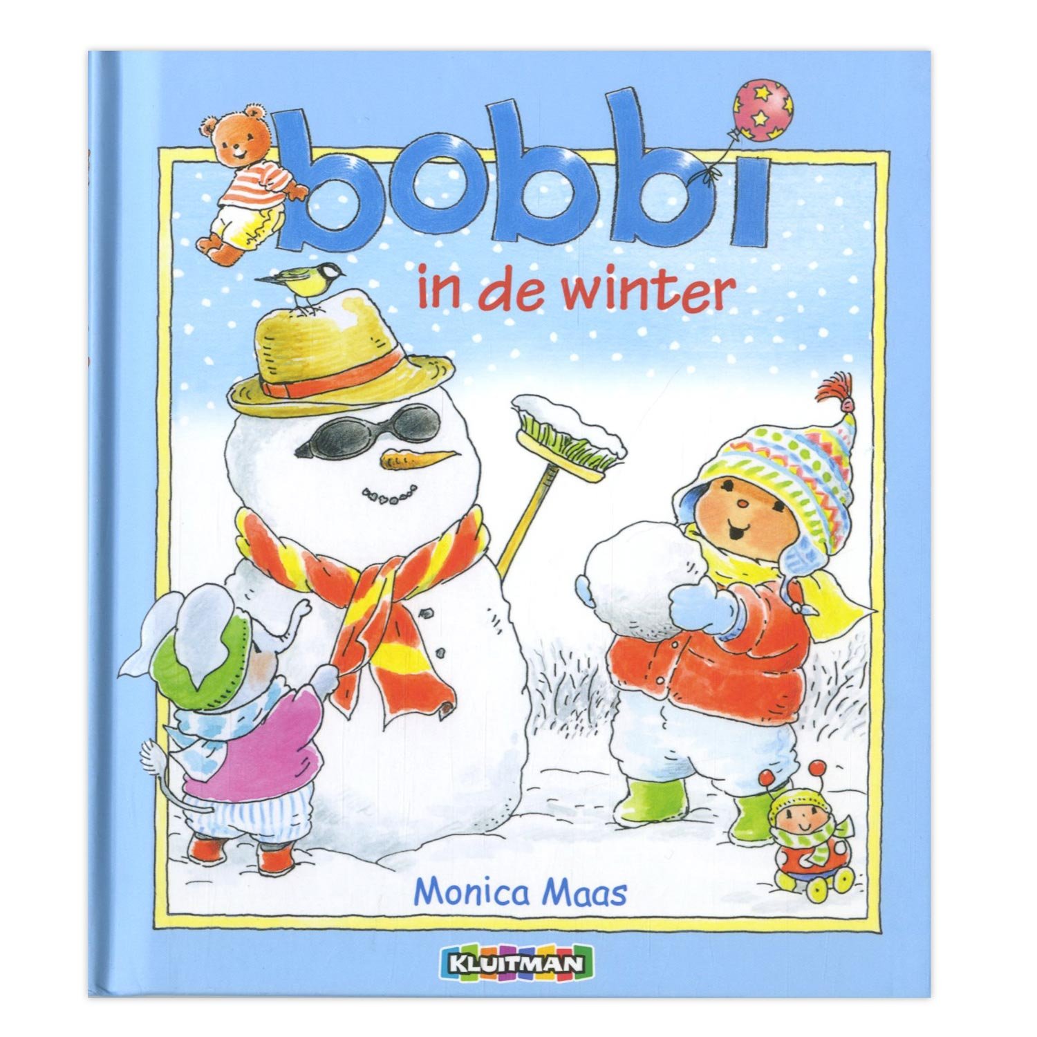 uitgeverij-kluitman-voorkant-bobbi-in-de-winter-boek-sneeuwpop Voorkant van het kinderboek Bobbi in de winter met sneeuwpop en Bobbi in winterkleren Bobbi in de Winter