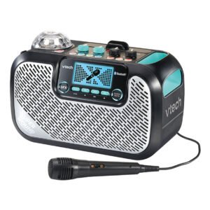 Zijaanzicht van VTech Supersound karaoke speaker met display en microfoon