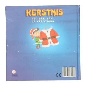 Achterkant van kinderboek 'Kerstmis - Het pak van de Kerstman' met elfje en kerstpak