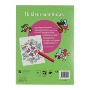 Achterkant van kinderkleurboek 'Ik kleur mandala's' met elfjes, kleurplaat en potlood