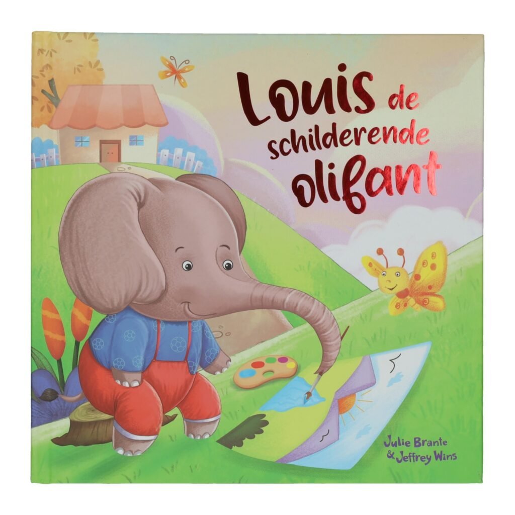 Voorkant kinderboek Louis de schilderende olifant terwijl hij een schilderij maakt Prentenboek Groot - Louis de Schilderende Olifant