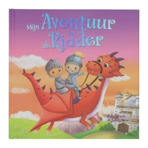 Omslag van Mijn Avontuur als Ridder met twee kinderen op vliegende draak boven kasteel Prentenboek Groot - Mijn Avontuur als Ridder