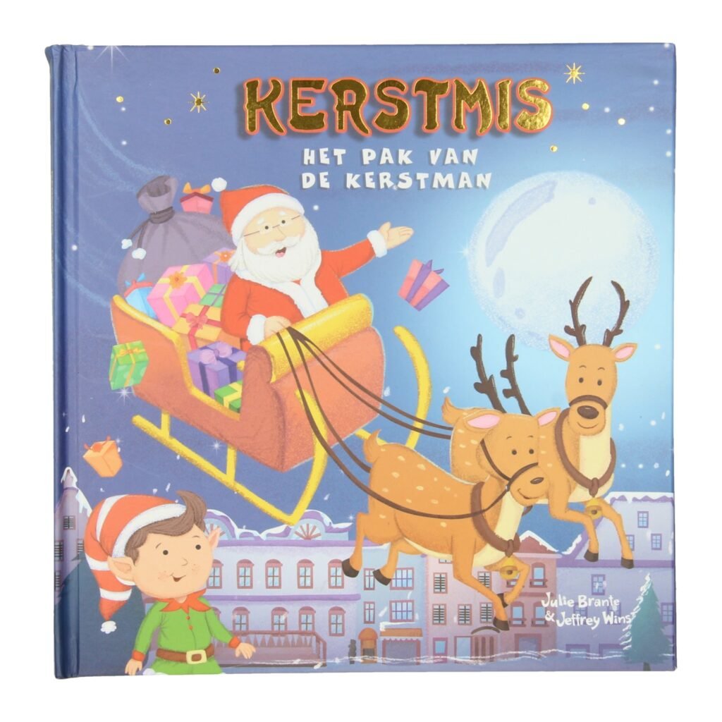 Voorkant van kinderboek 'Kerstmis - Het pak van de Kerstman' met kerstman in slee en rendieren Verhalenboek Kerstmis - Het Pak van de Kerstman