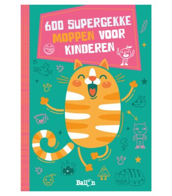 Boekcover van moppenboek 600 Supergekke Moppen voor Kinderen met lachende poes
