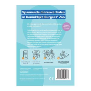Achterkant van luisterkaart Spannende dierenverhalen in Koninklijke Burgers' Zoo met uitleg over gebruik en app.