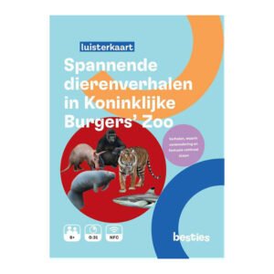 Voorkant van luisterkaart Spannende dierenverhalen in Koninklijke Burgers' Zoo met illustraties van dieren. Spannende Dierenverhalen in Koninklijke Burgers Zoo Luisterkaart