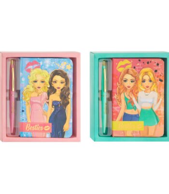 Set van twee notitieboeken met pennen en modepoppen, in roze en turquoise cadeauverpakking Besties Notitieboek met Balpen