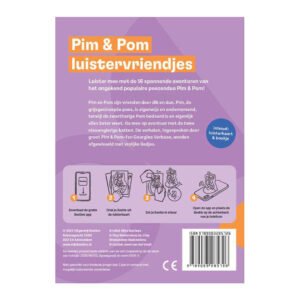 Achterkant verpakking Pim & Pom luistervriendjes met uitleg en barcode