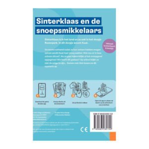Achterkant van luisterkaart "Sinterklaas en de snoepsmikkelaars" met instructies en verhaalbeschrijving