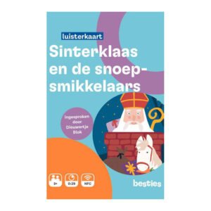 Voorkant luisterkaart "Sinterklaas en de snoepsmikkelaars" met illustratie van Sinterklaas en paard Sinterklaas en de Snoepsmikkelaars Luisterkaart