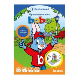 Voorkant van luisterkaart 'Op avontuur met Bobo' met Bobo het konijn in een park Op Avontuur met Bobo Luisterkaart