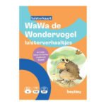 Voorkant verpakking van WaWa de Wondervogel luisterverhaaltjes met illustratie van de vogel en opvallende oranje-blauwe vormgeving. WaWa de Wondervogel Luisterkaart