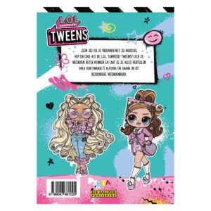 Achterkant van LOL Surprise Tweens vriendenboek met twee modieuze poppen en kleurrijke achtergrond