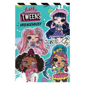 Voorkant van LOL Surprise Tweens vriendenboek met vier stijlvolle poppen op een turquoise achtergrond L.O.L. Surprise! Tweens Vriendenboek