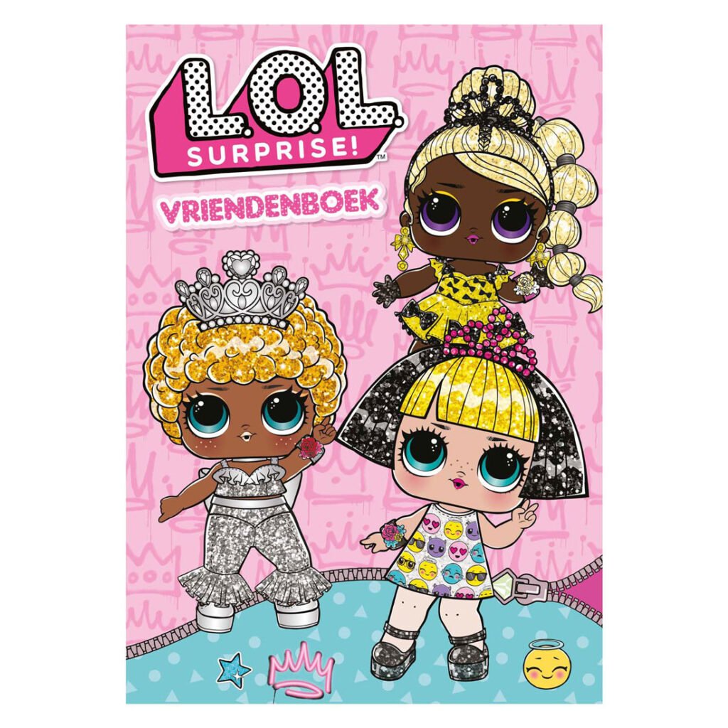 Voorkant van het L.O.L. Surprise vriendenboek met drie glinsterende poppen op een roze achtergrond. L.O.L. Surprise! Vriendenboekje