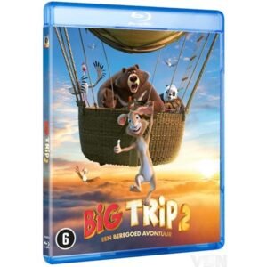 Blu-ray hoes van Big Trip 2 met animatiedieren in een luchtballon bij zonsondergang