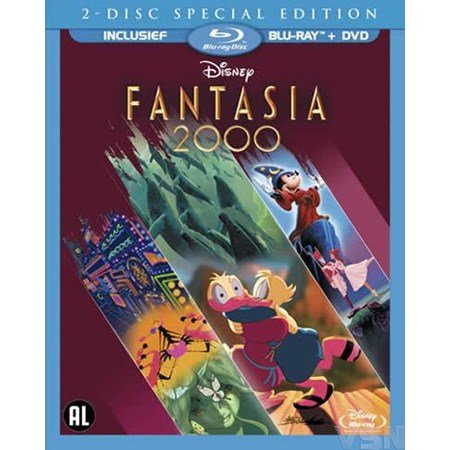 Blu-ray uitgave van Disney animatiefilm Fantasia 2000 met Disney figuren afgebeeld