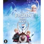 Blu-ray cover van Disney animatiefilm Frozen met hoofdpersonages in ijswereld afgebeeld