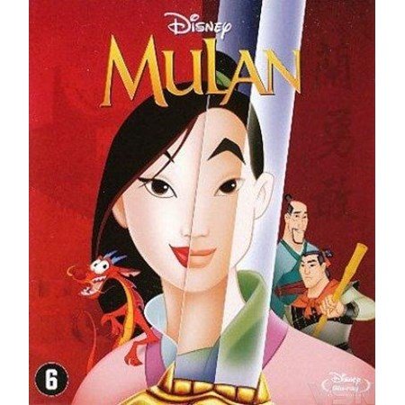 Blu-ray cover van Disney animatiefilm Mulan met Aziatische chick op rode achtergrond