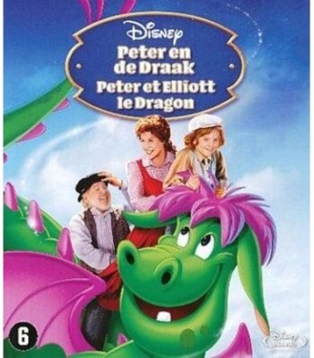 Blu-ray uitgave van Disney's animatiefilm Peter en de Draak met groene draak met paars haar op cover