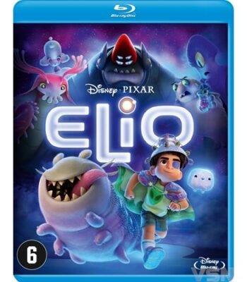 Cover van Elio Blu-ray animatiefilm van Disney Pixar met Elio en fantasierijke aliens op een sterrenachtergrond