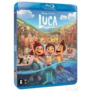 Blu-ray hoes van Disney Pixar animatiefilm Luca met hoofdpersonages voor Italiaans dorp