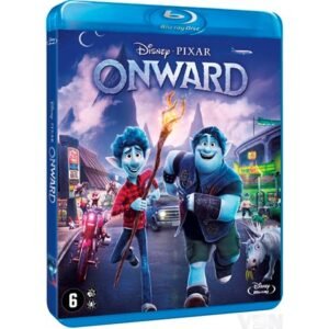 Blu-ray hoes van Disney Pixar film Onward met hoofdpersonages Ian en Barley in een magische stad
