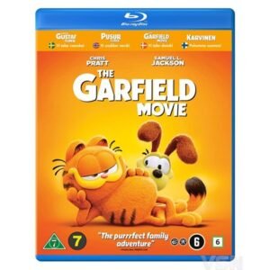 The Garfield Movie Blu-ray cover met Garfield en Odie liggend lachend voor een oranje achtergrond