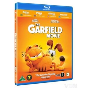 Blu-ray hoes van The Garfield Movie met Garfield en Odie op een oranje achtergrond