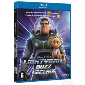 Schuine weergave van Lightyear Blu-ray hoes met Buzz Lightyear en Sox