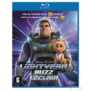 Blu-ray cover van Disney Pixar's Lightyear met Buzz Lightyear en robotkat Sox