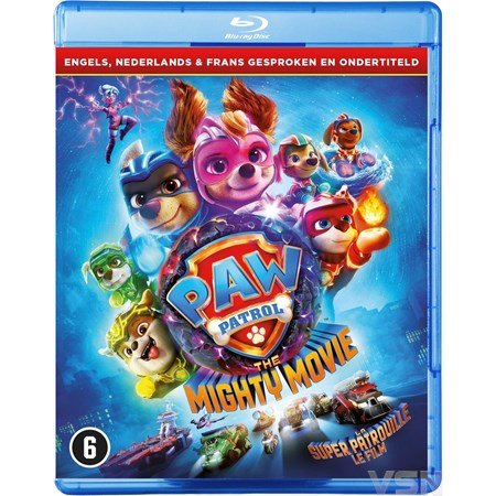 Paw Patrol - The Mighty Movie Blu-ray hoes met superhelden pups en kleurrijke achtergrond