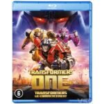 Voorkant Blu-ray verpakking van Transformers One met heldhaftige Autobots en futuristische achtergrond