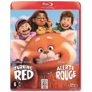Cover van animatiefilm Turning Red op Blu-ray met Mei Lee in panda-vorm en haar vriendengroep