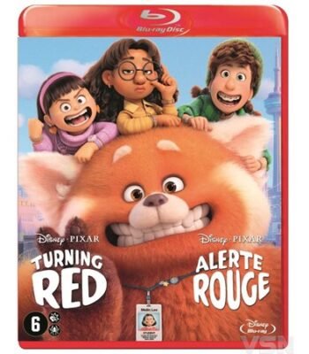 Cover van animatiefilm Turning Red op Blu-ray met Mei Lee in panda-vorm en haar vriendengroep