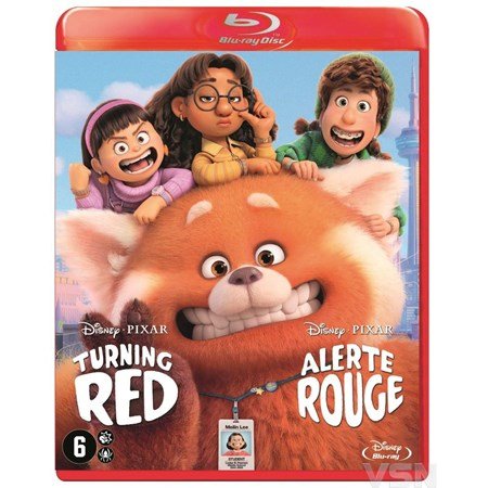 Cover van animatiefilm Turning Red op Blu-ray met Mei Lee in panda-vorm en haar vriendengroep