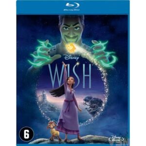 Voorkant Blu-ray Disney Wish met Asha, haar geit en magische cirkel op de achtergrond