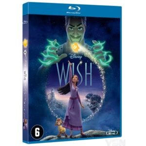 Blu-ray hoes van Disney's animatiefilm Wish met hoofdpersonage Asha en magische sfeer