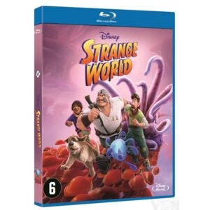 Blu-ray hoes van Disney's Strange World met kleurrijke personages in een buitenaards landschap